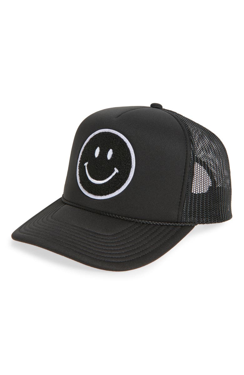 Local Beach Smiley Patch Trucker Hat, Main, color, Black/ Black
