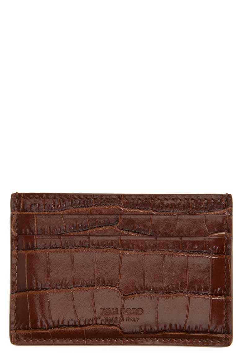 Croc Embossed Leather Card Case, Main, color, CARAMEL