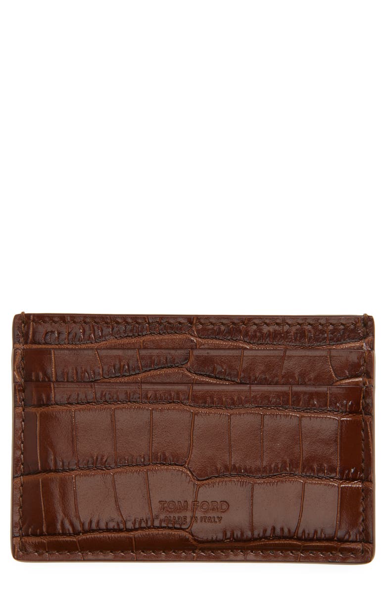 TOM FORD Croc Embossed Leather Card Case, Main, color, Caramel