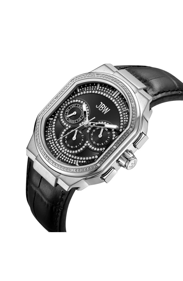 JBW Orion Diamond Leather Strap Watch, 39mm, Alternate, color, Stainless Steel/Black