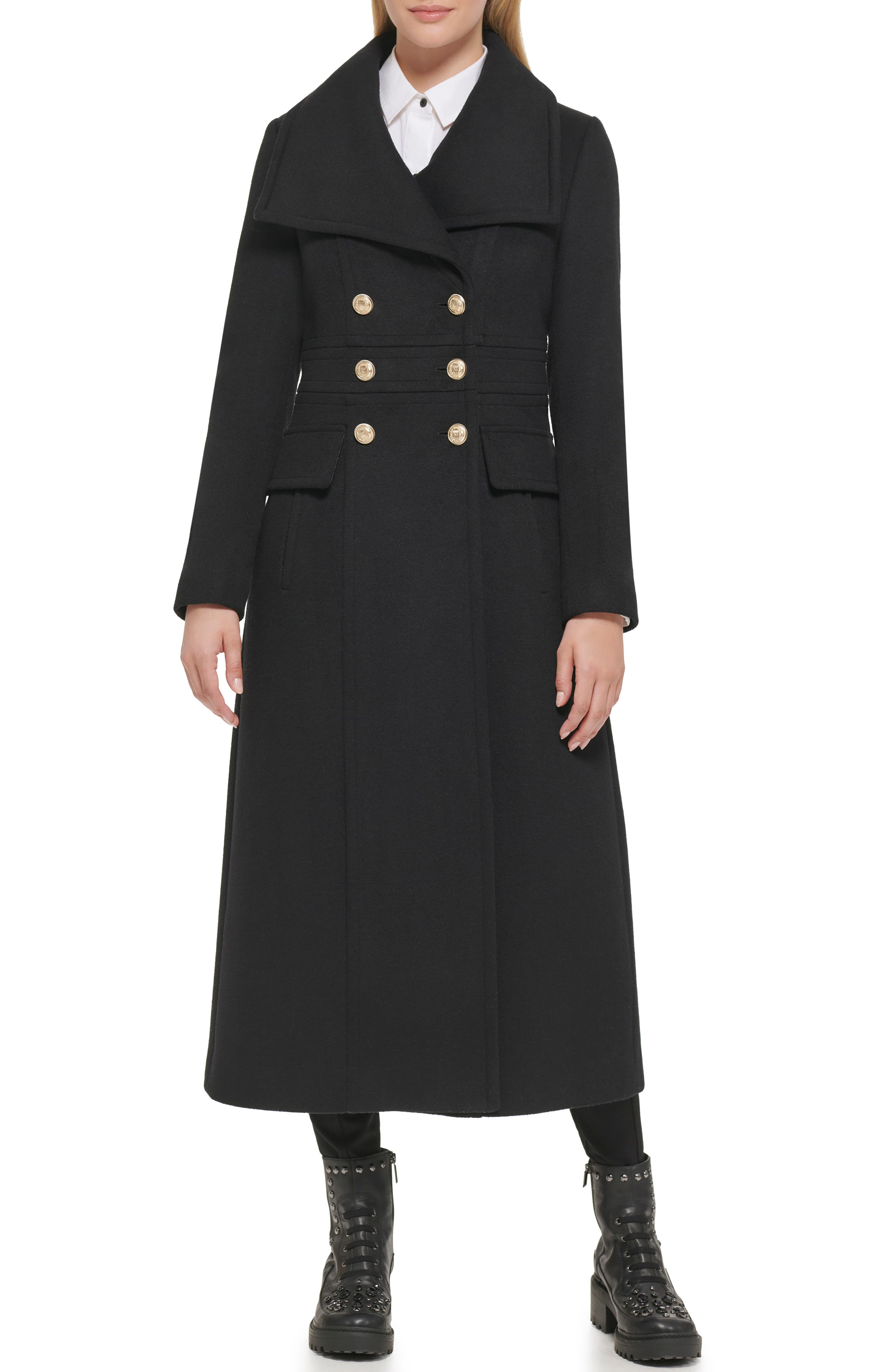 KARL LAGERFELD PARIS Double Breasted Wool Blend Military Coat