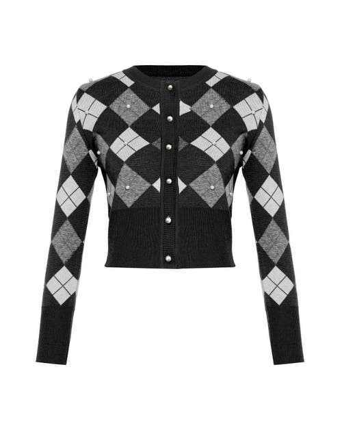 Theo The Label Nomia Plaid Pearly Cardigan In Grey/silver