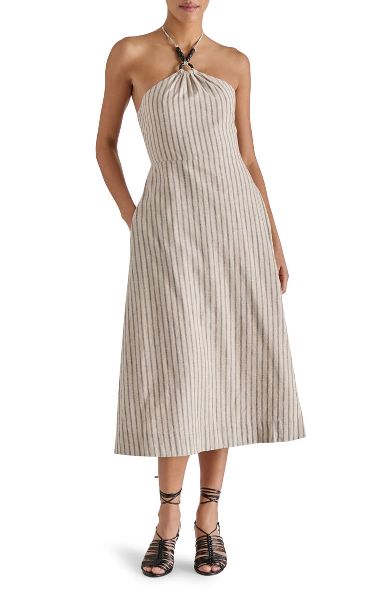 Steve Madden Mary Beth Ticking Stripe Linen & Cotton Halter Midi Dress, Main, color, Ivory/Black