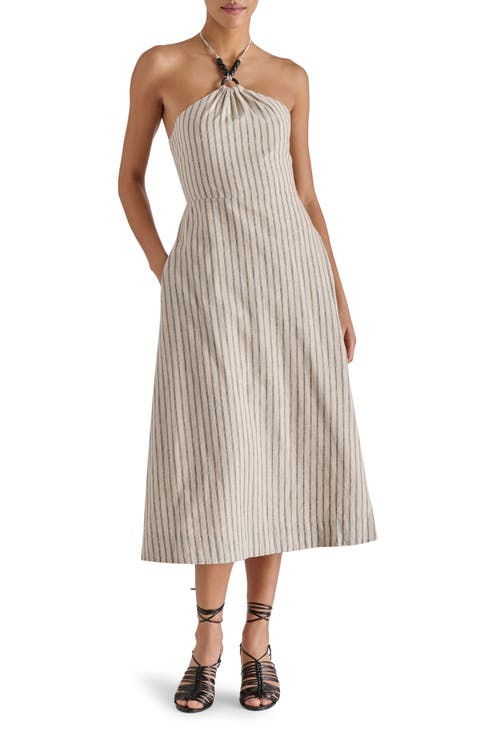 Mary Beth Ticking Stripe Linen & Cotton Halter Midi Dress