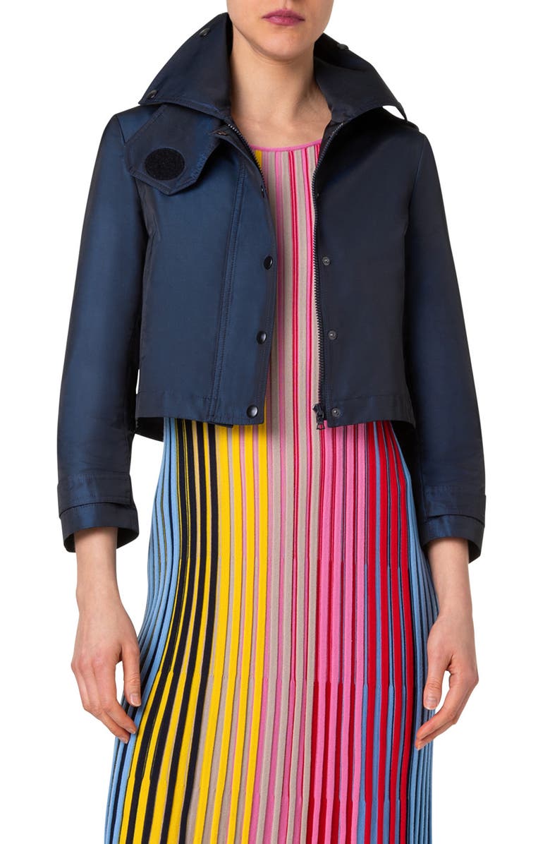 Akris punto Water Repellent Techno Satin Hooded Crop Jacket, Main, color, 