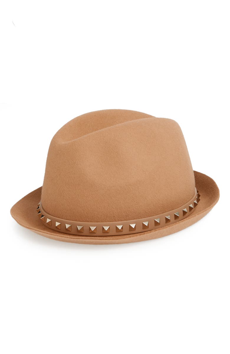 Valentino Garavani Rockstud Felt Trilby, Main, color, Camel