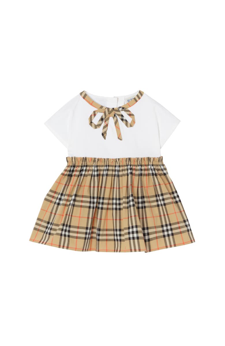 Burberry Check Bow Cotton Dress with Bloomers, Alternate, color, White