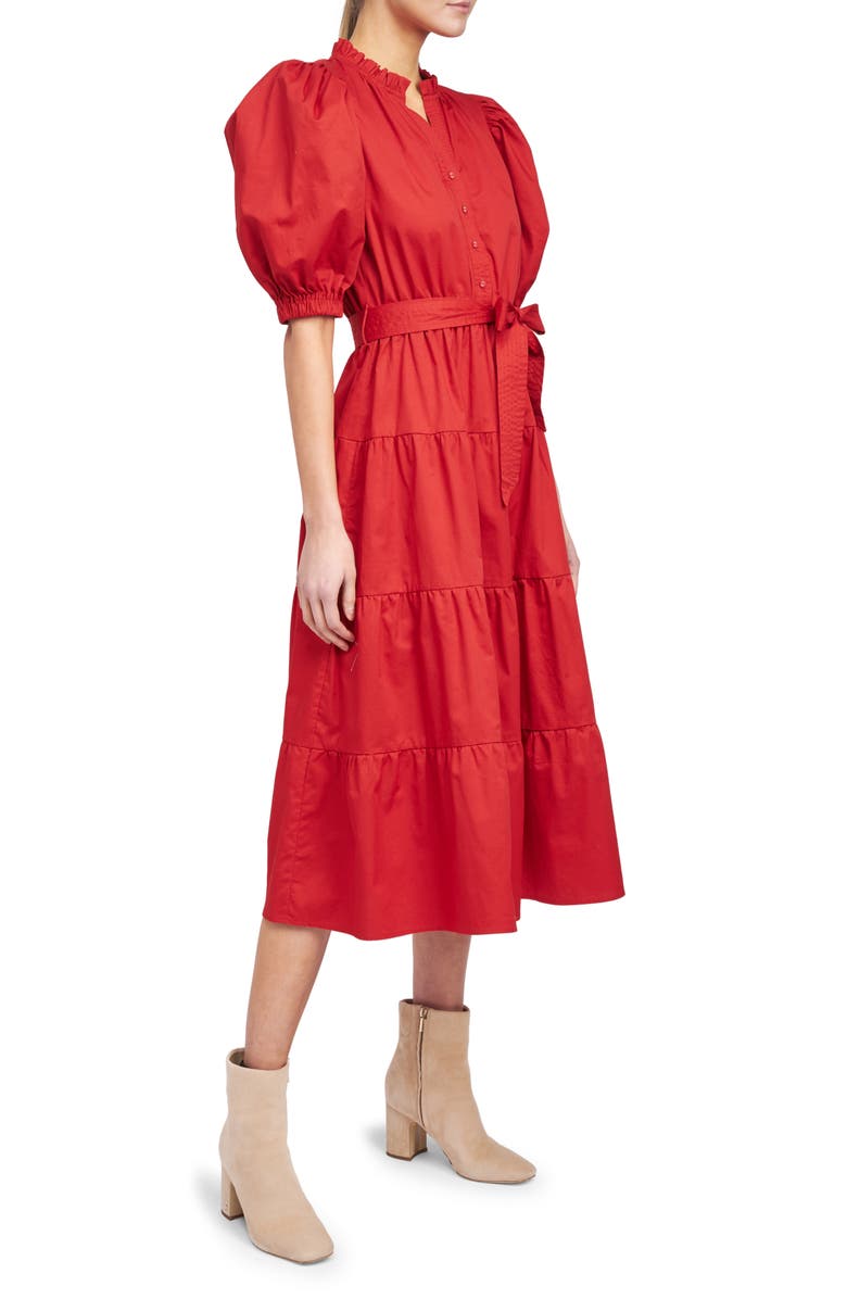 En Saison Tiered Tie Waist Puff Sleeve Poplin Midi Dress, Alternate, color, 