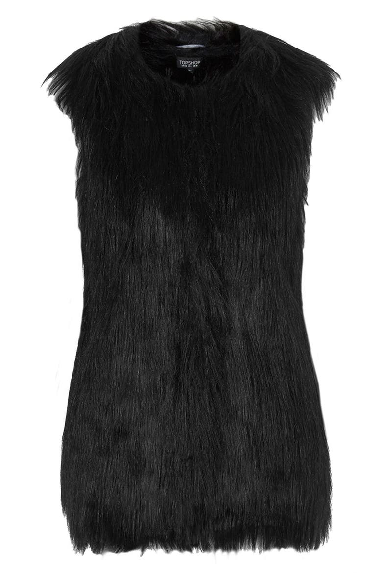 Faux Fur Long Gilet Vest, Alternate, color, BLACK