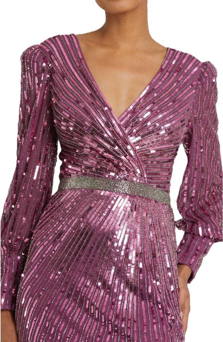 Mac Duggal Sequined Wrap Over Bishop Sleeve Gown, Alternate, color, Raspberry