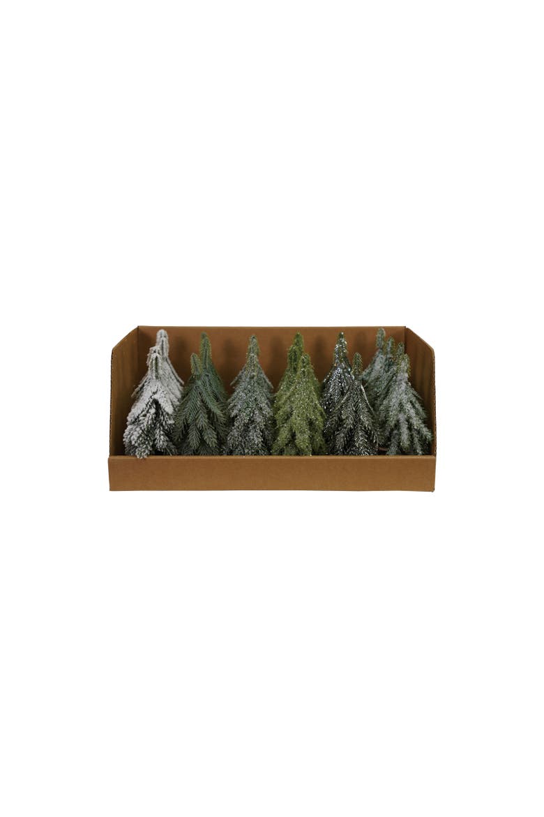 24-Piece Round Faux Evergreen Trees with Natural Wood Slice Bases, Ice Finish, Main, color, Green