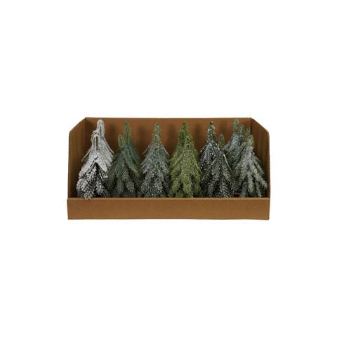 24-Piece Round Faux Evergreen Trees with Natural Wood Slice Bases, Ice Finish
