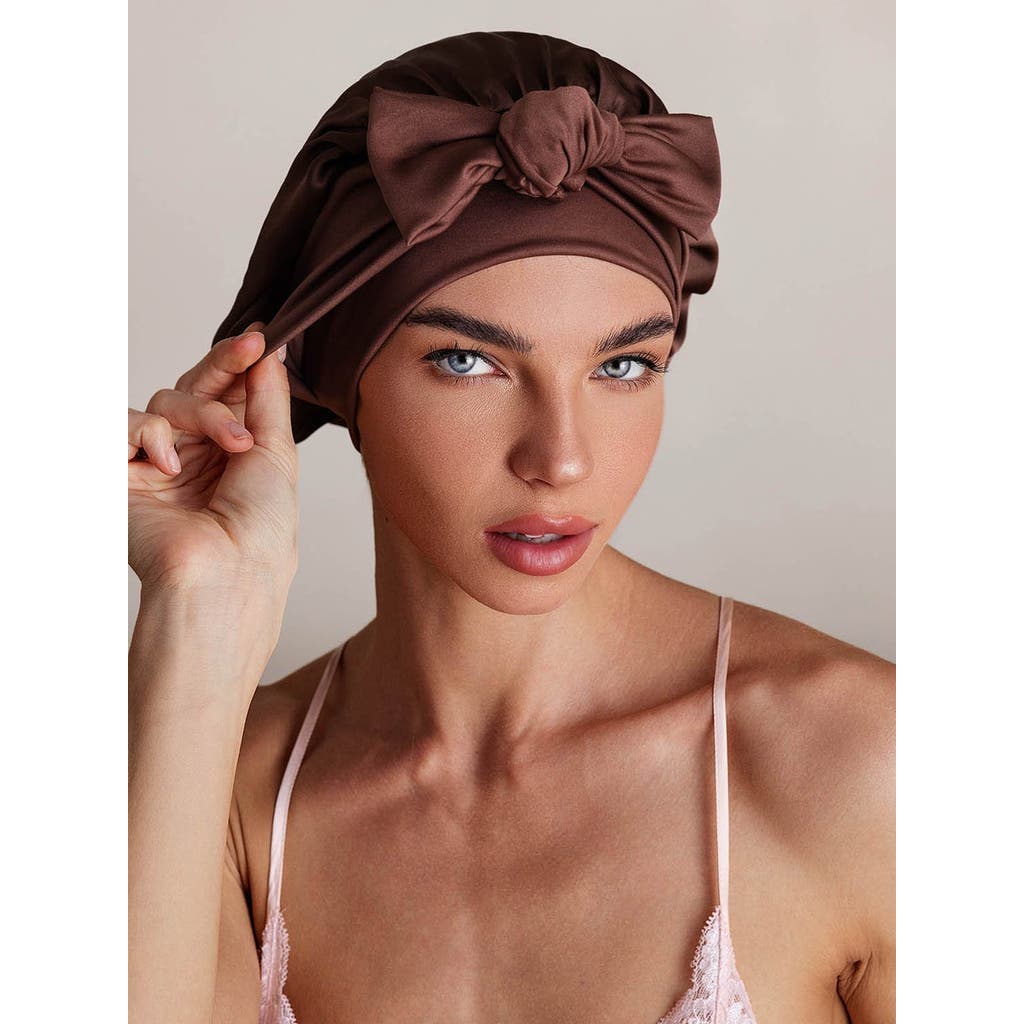 Silksilky Pure Silk Bowknot Tie Bonnet In Brown