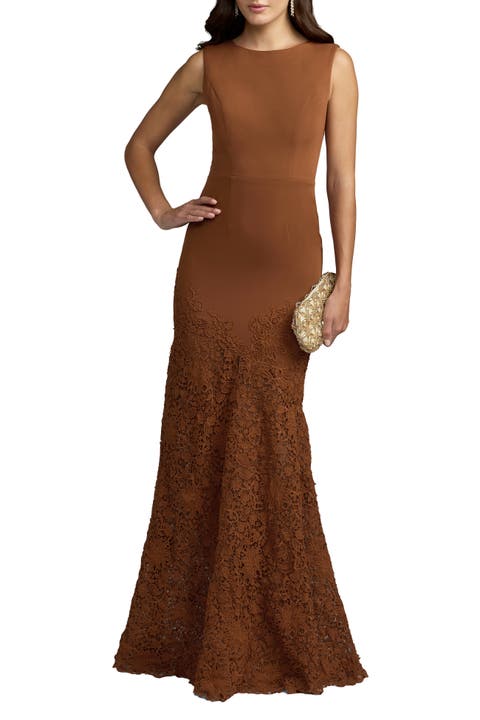 Sleeveless Boat Neck Lace Mermaid Gown