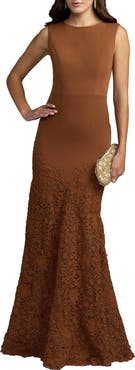 Mac Duggal Sleeveless Boat Neck Lace Mermaid Gown