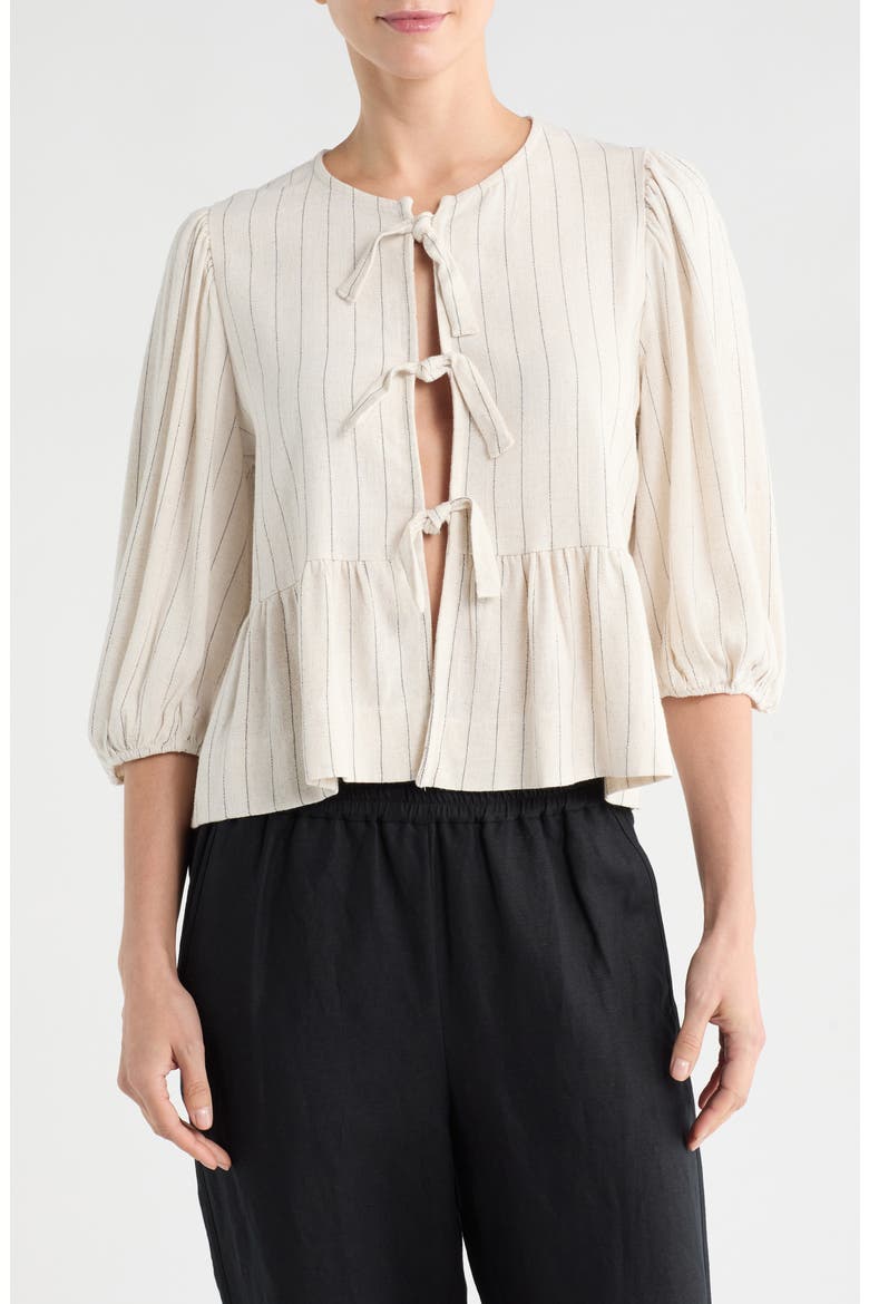 Stripe Tie Front Peplum Top, Main, color, LINEN
