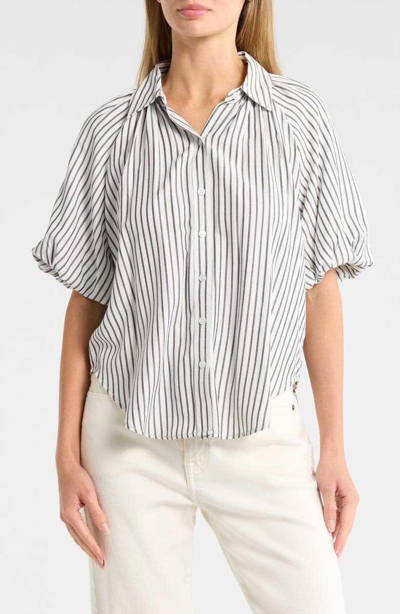 MAX STUDIO Bubble Sleeve Boyfriend Shirt, Main, color, Off White/ Black Stripe