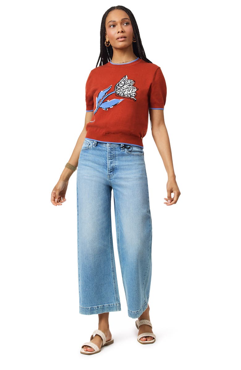 Scotch & Soda Floral Crewneck Short Sleeve Cotton Sweater, Alternate, color, Picante