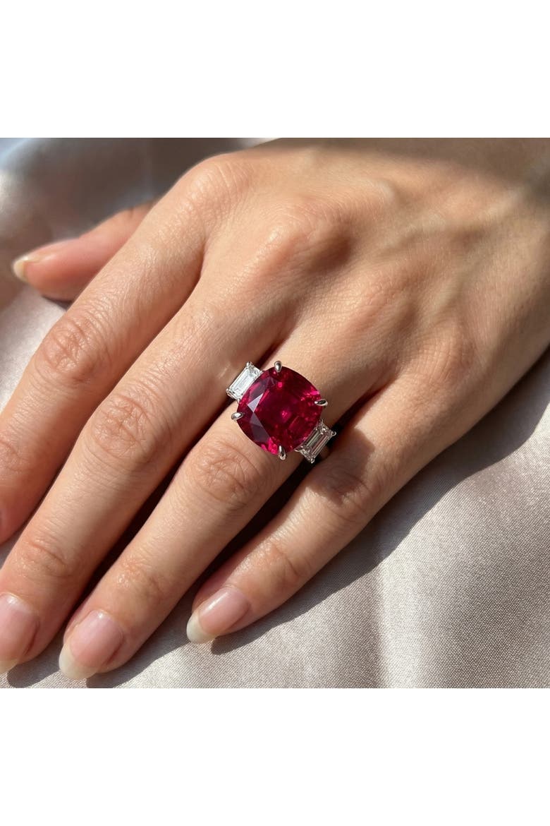 8.50Ct Cushion Ruby & Emerald Cut Diamond Ring 14k Gold Lab Grown, Alternate, color, 14k White Gold