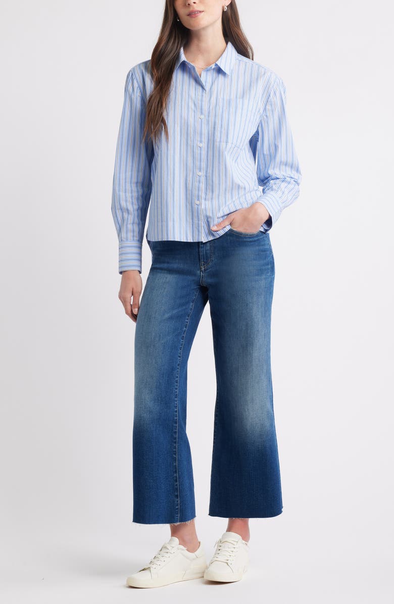 Caslon<sup>®</sup> Long Sleeve Drop Hem Button-Up Shirt, Alternate, color, Blue- White Windy Stripe