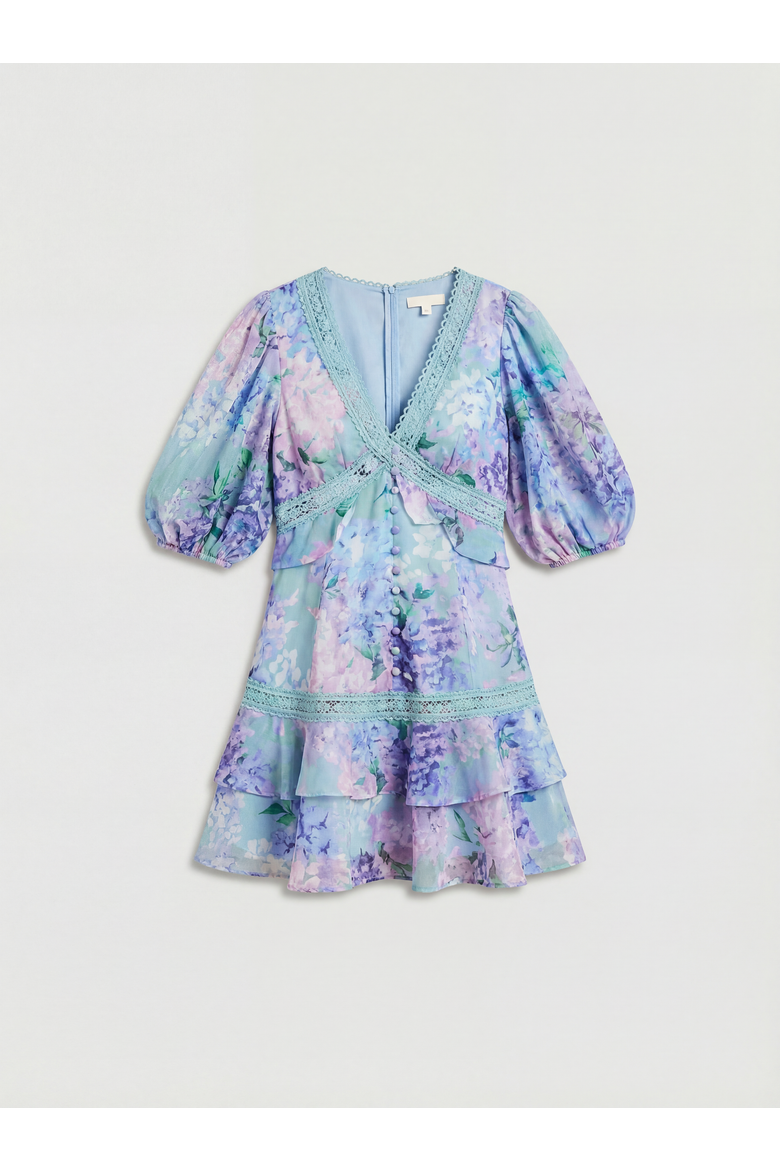 Lace Trim Puff Sleeve Organza Mini Dress, Alternate, color, Sage