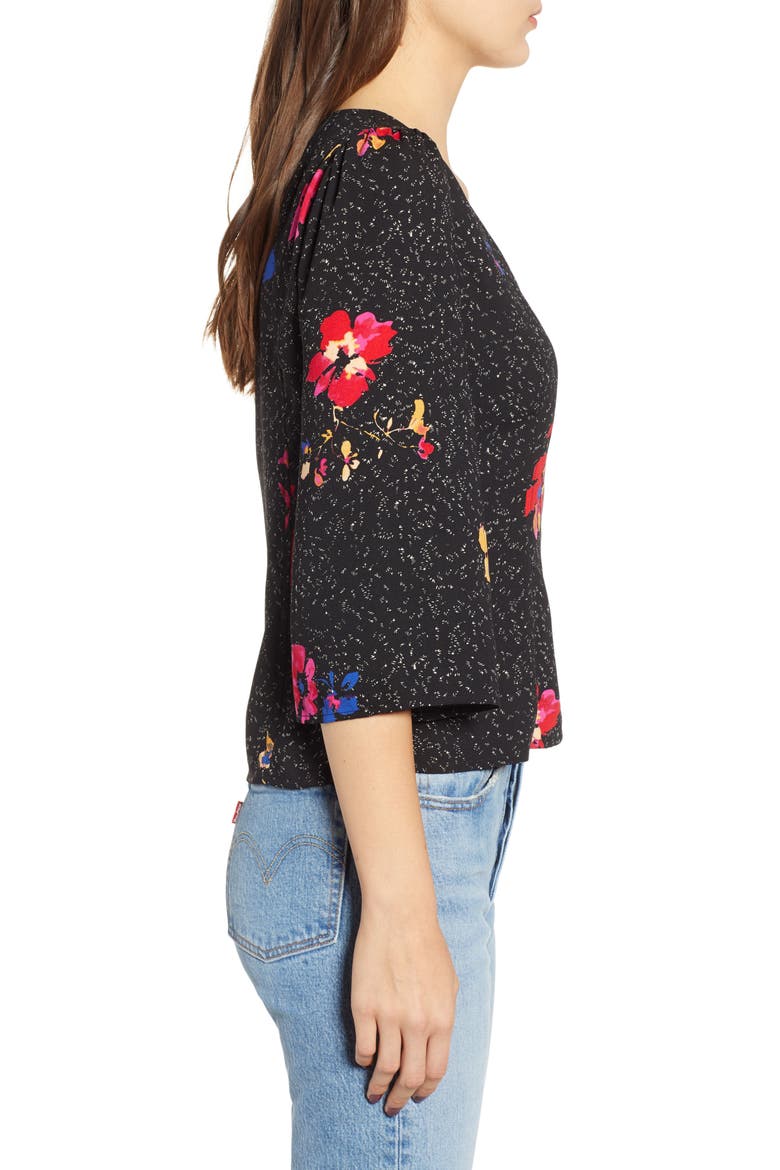 Button Front Print Blouse, Alternate, color, BLACK SPECKLED FLORAL