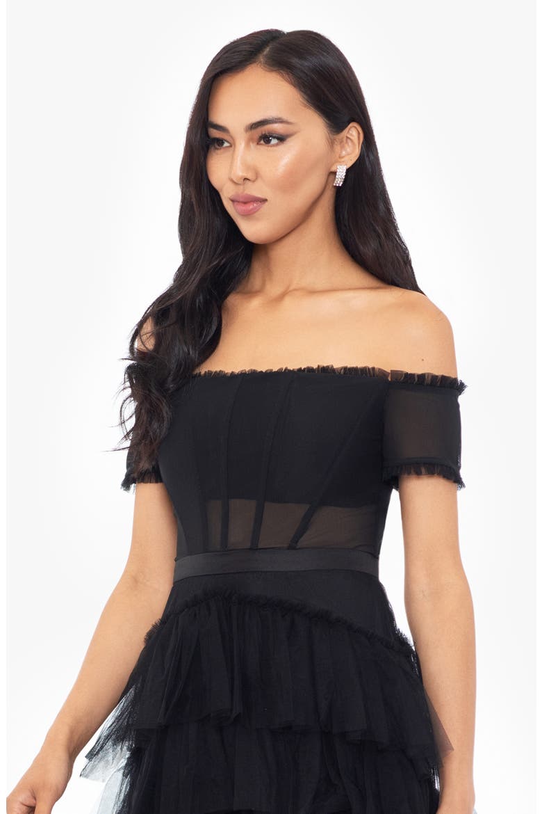 Corset Tiered Ruffle Off the Shoulder Tulle Minidress, Alternate, color, BLACK