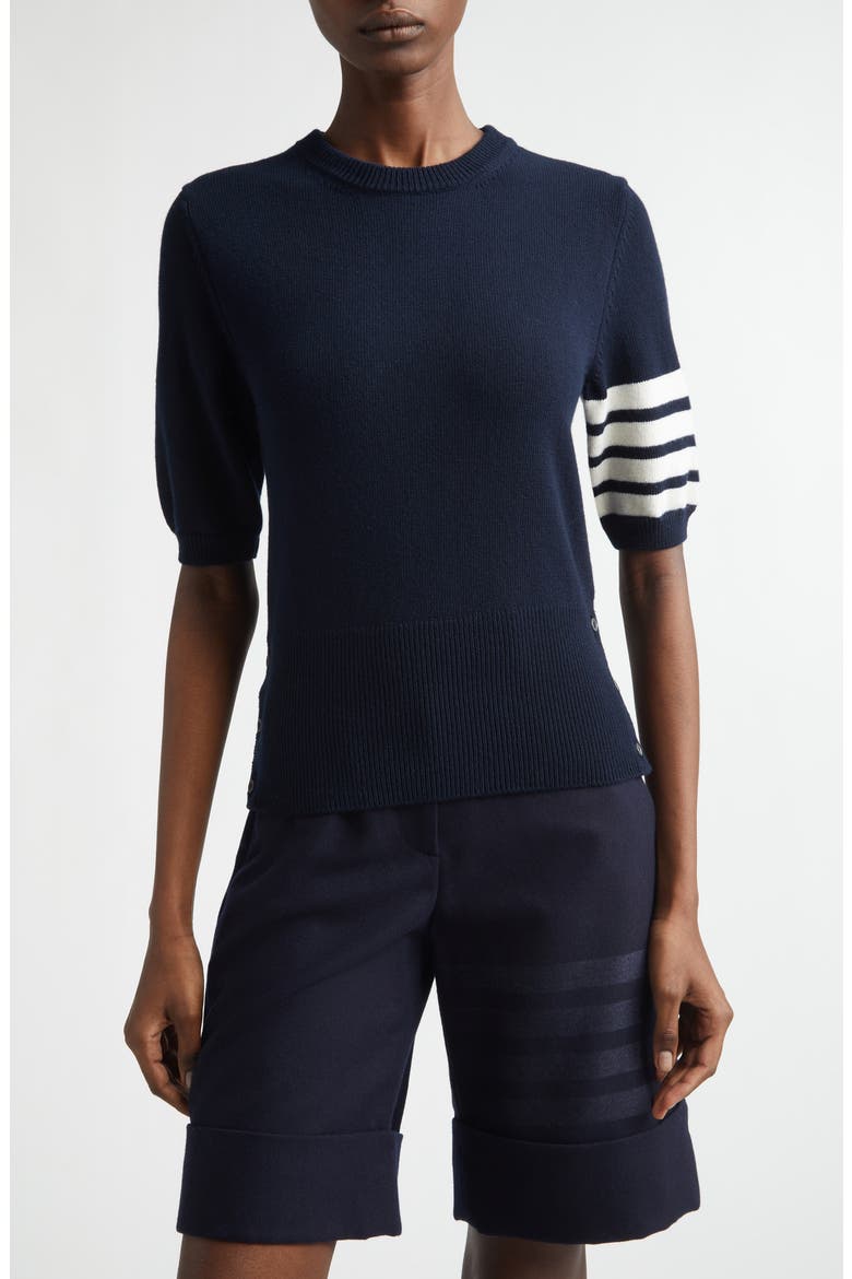 Classic Fit 4-Bar Short Sleeve Virgin Merino Wool Sweater, Main, color, NAVY