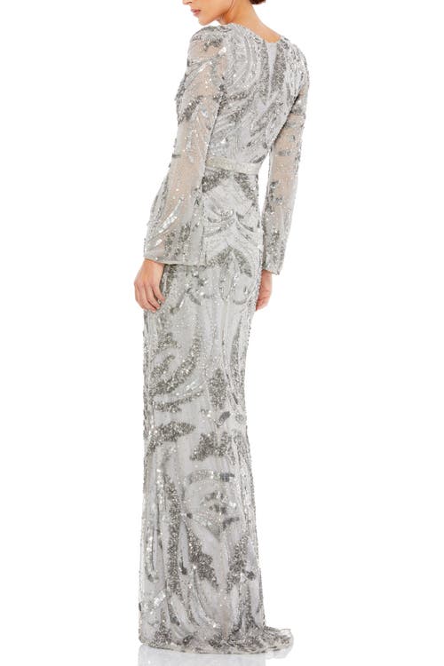 Mac Duggal Sequined Faux Wrap Split Long Sleeve Gown In Platinum