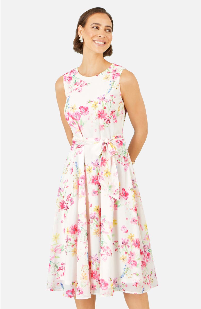 Yumi Delicate Floral Midi Skater Dress, Main, color, White
