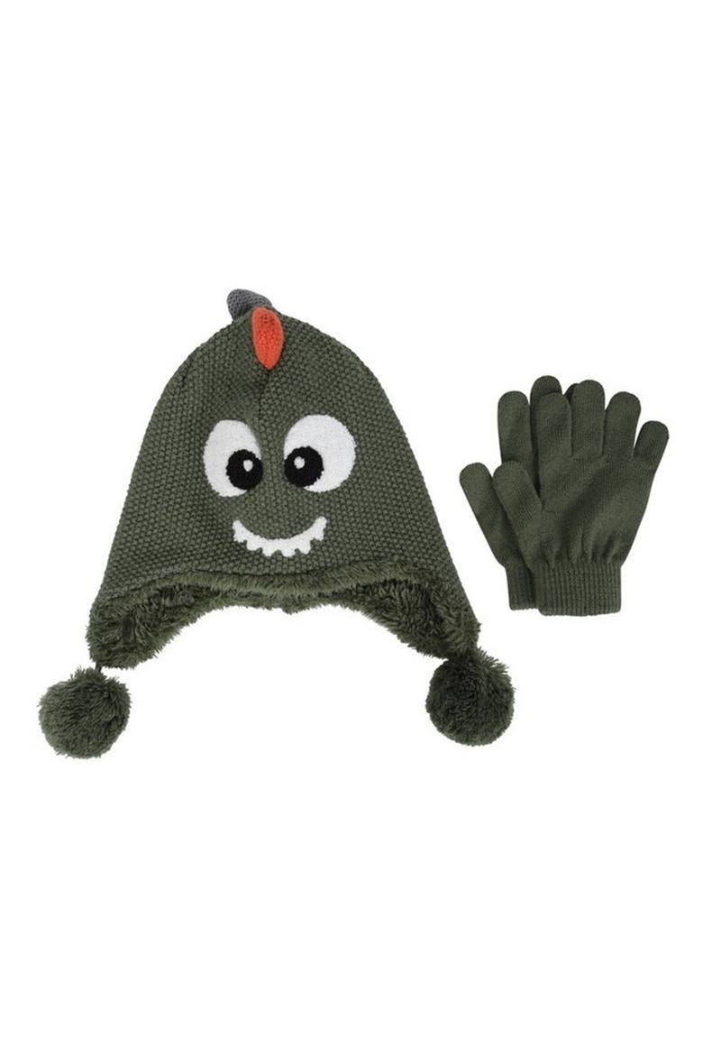 Childrens/kids Dragon Faux Fur Lined Hat And Gloves Set, Main, color, Green