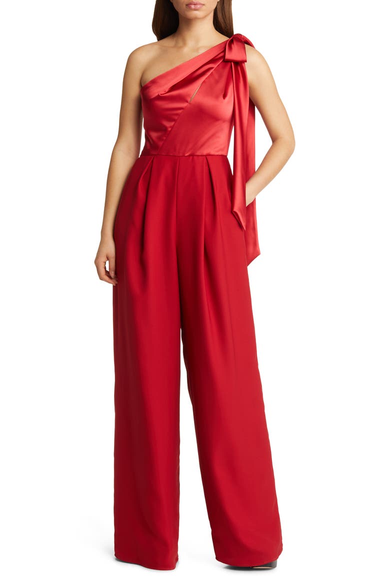 One-Shoulder Wide Leg Satin Jumpsuit, Main, color, LIPSTICK RED