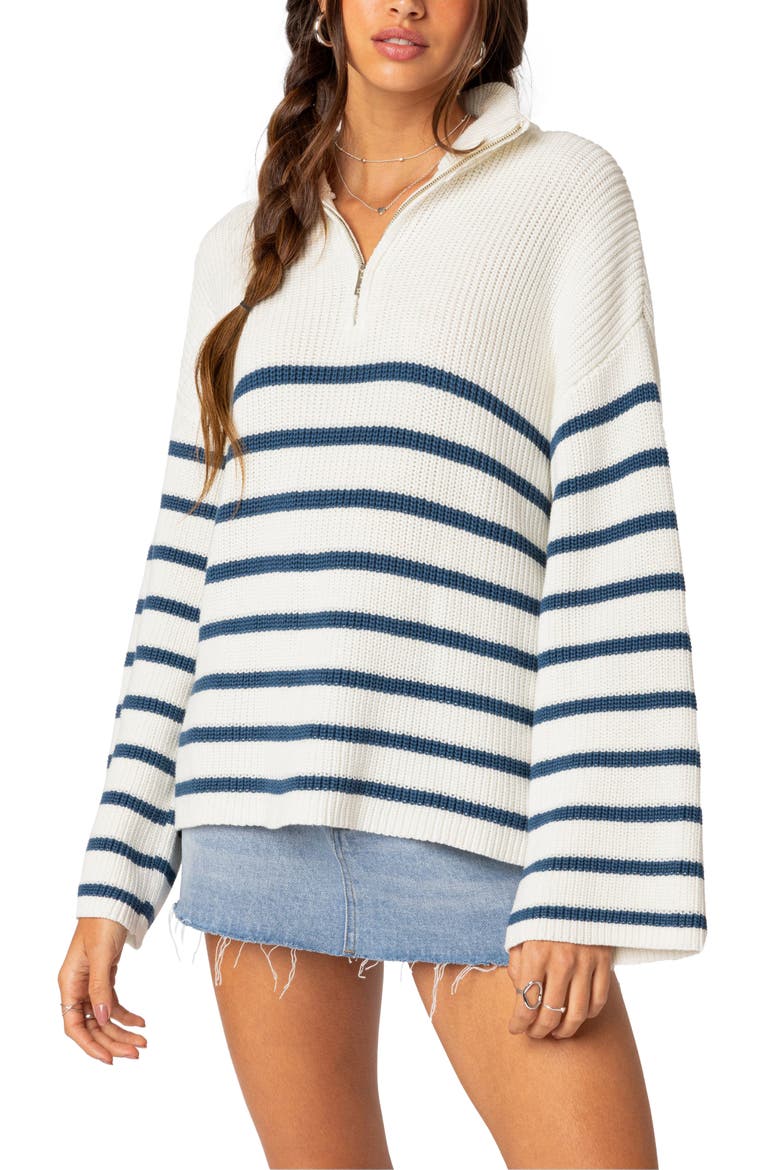 Stripe Oversize Quarter Zip Sweater, Main, color, WHITE
