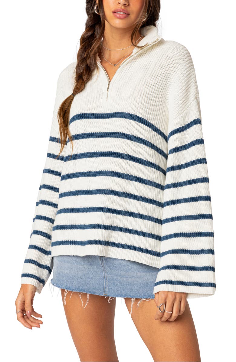 EDIKTED Stripe Oversize Quarter Zip Sweater, Main, color,