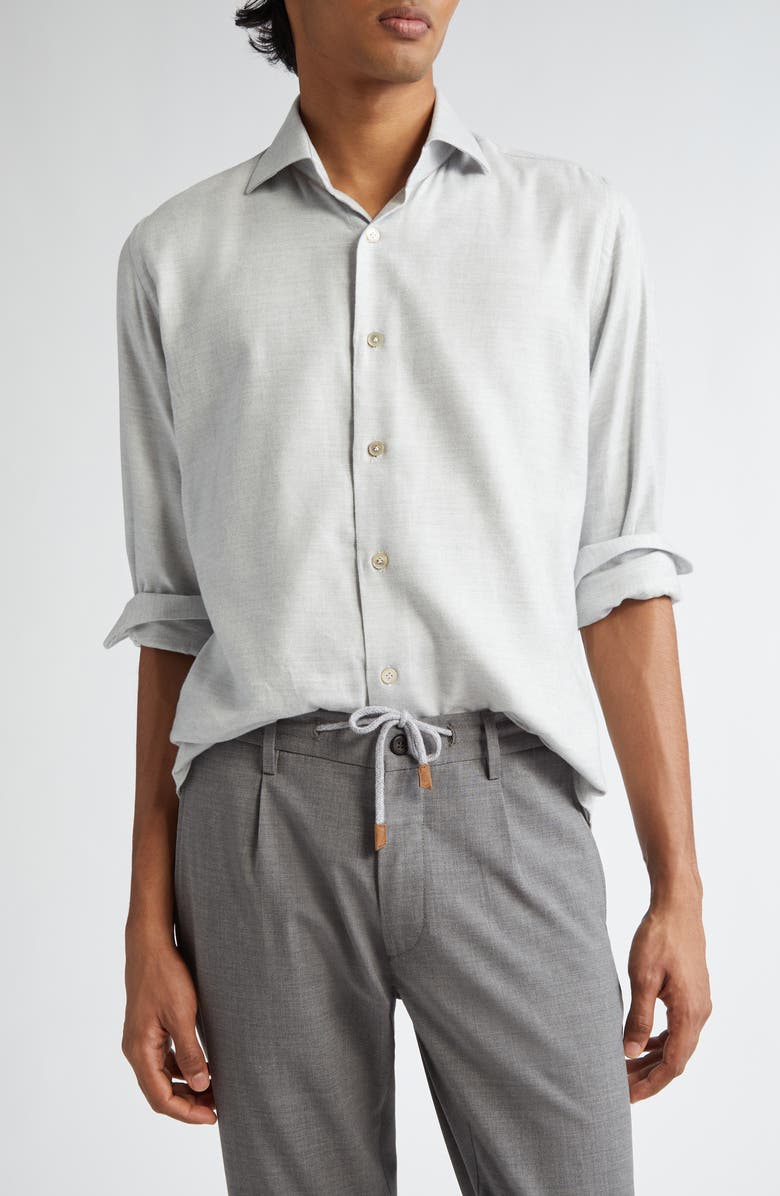 Eleventy Cotton Blend Mélange Button-Up Shirt, Main, color, Light Gray Melange