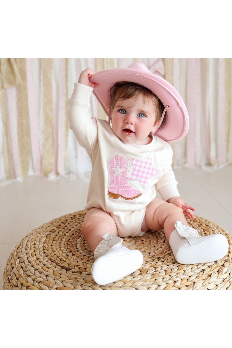 Bandana Cowgirl Patch Western Long Sleeve Romper, Alternate, color, Natural Heather