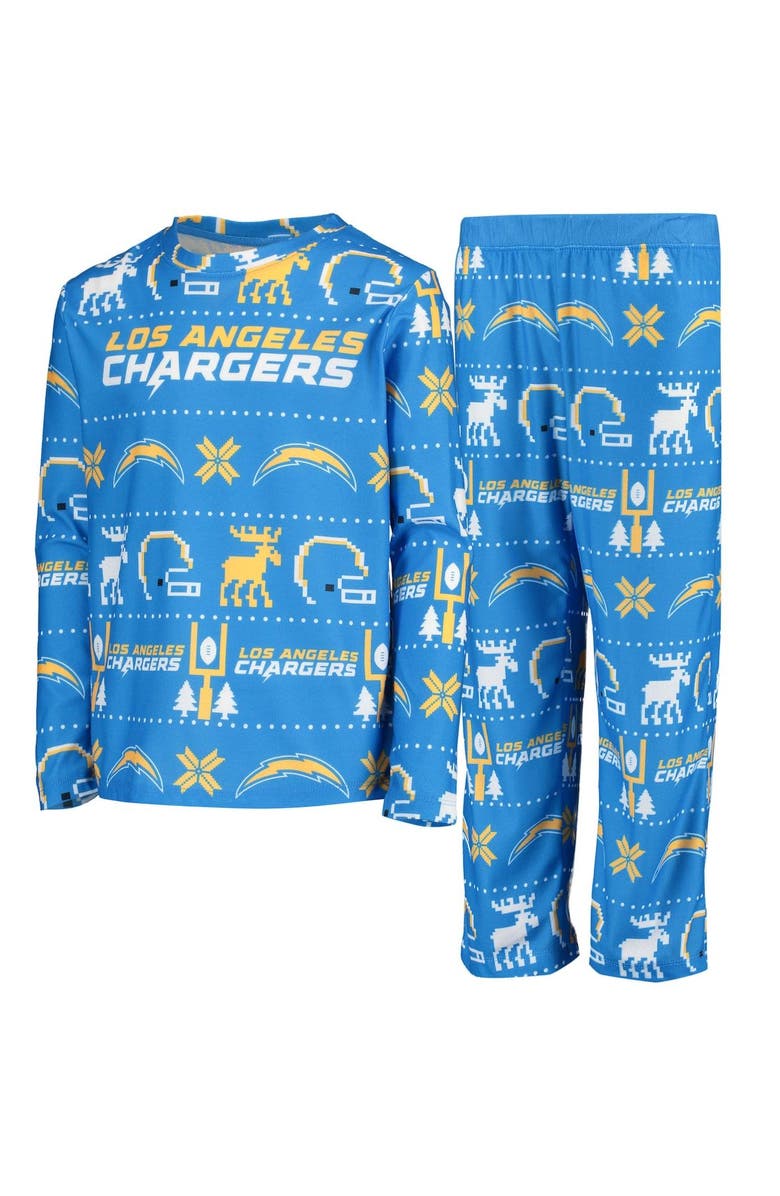 Outerstuff Youth Powder Blue Los Angeles Chargers Logo Allover Print Long Sleeve T-Shirt & Pants Holiday Pajamas Sleep Set, Main, color, 