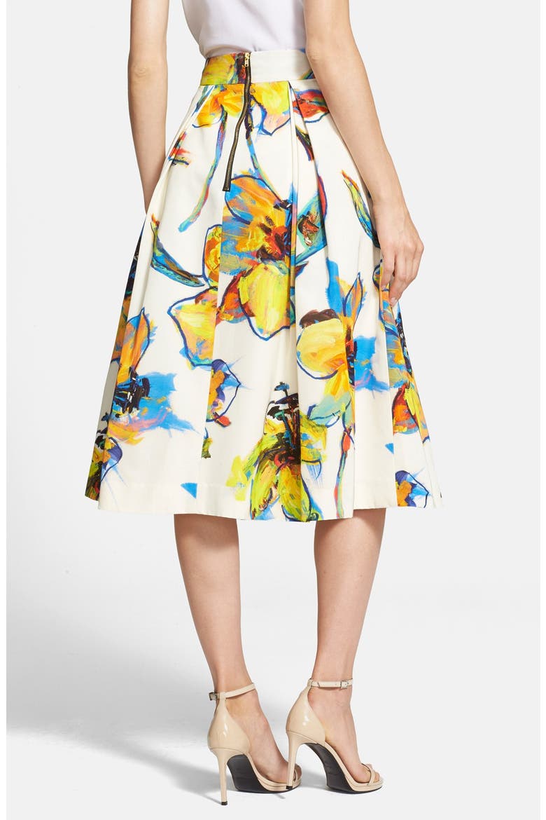 'Luna' Floral Print Pleated Midi Skirt, Alternate, color, WHITE