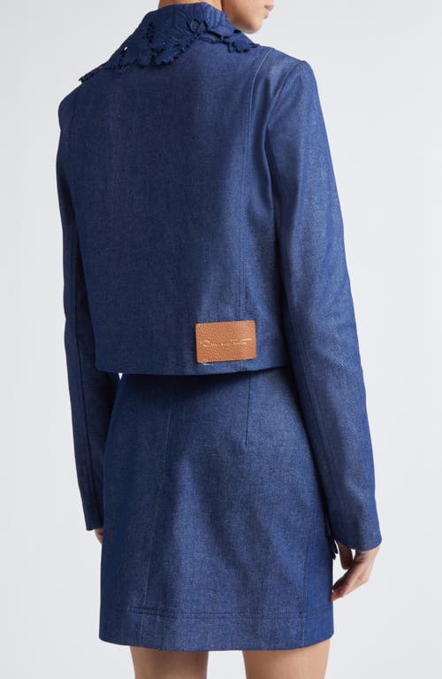 Oscar De La Renta Floral Embroidered Stretch Denim Jacket In Blue