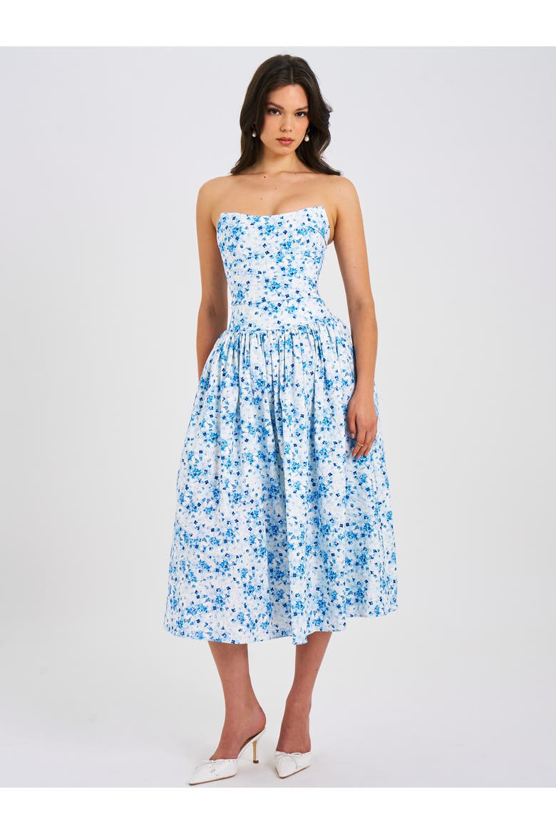Paloma Linen Corset Draping Top Midi Dress, Alternate, color, Blue Print