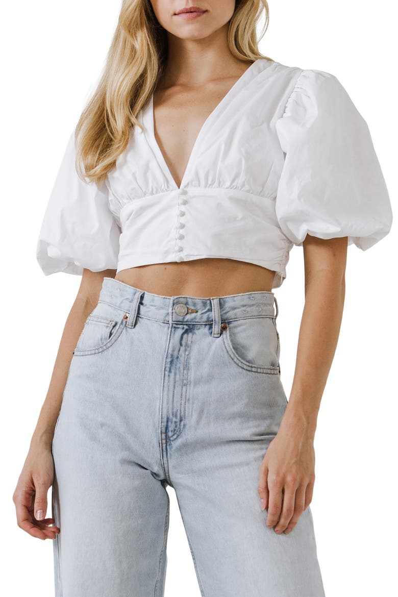 Puff Sleeve Corset Crop Top, Main, color, WHITE