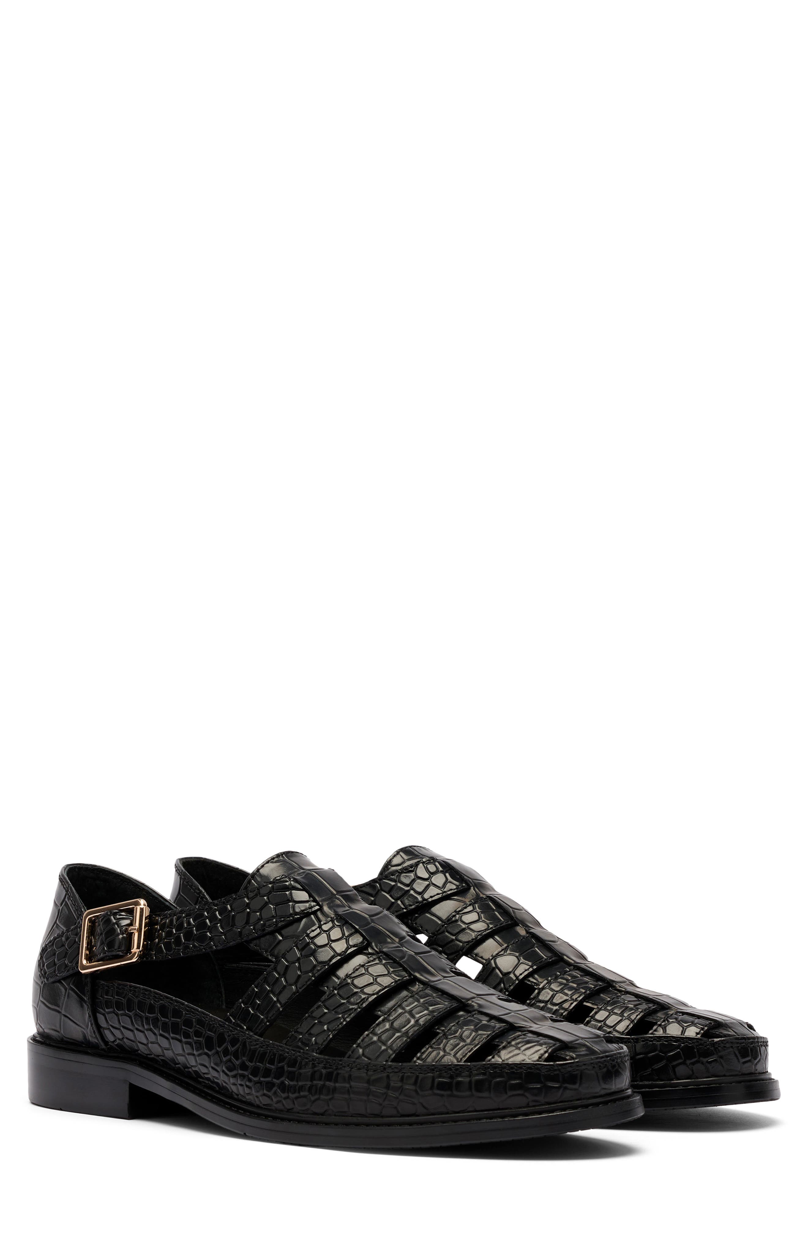 MARC NOLAN Mariner Croc Embossed Leather Fisherman Sandal, Main, color, Black Croc
