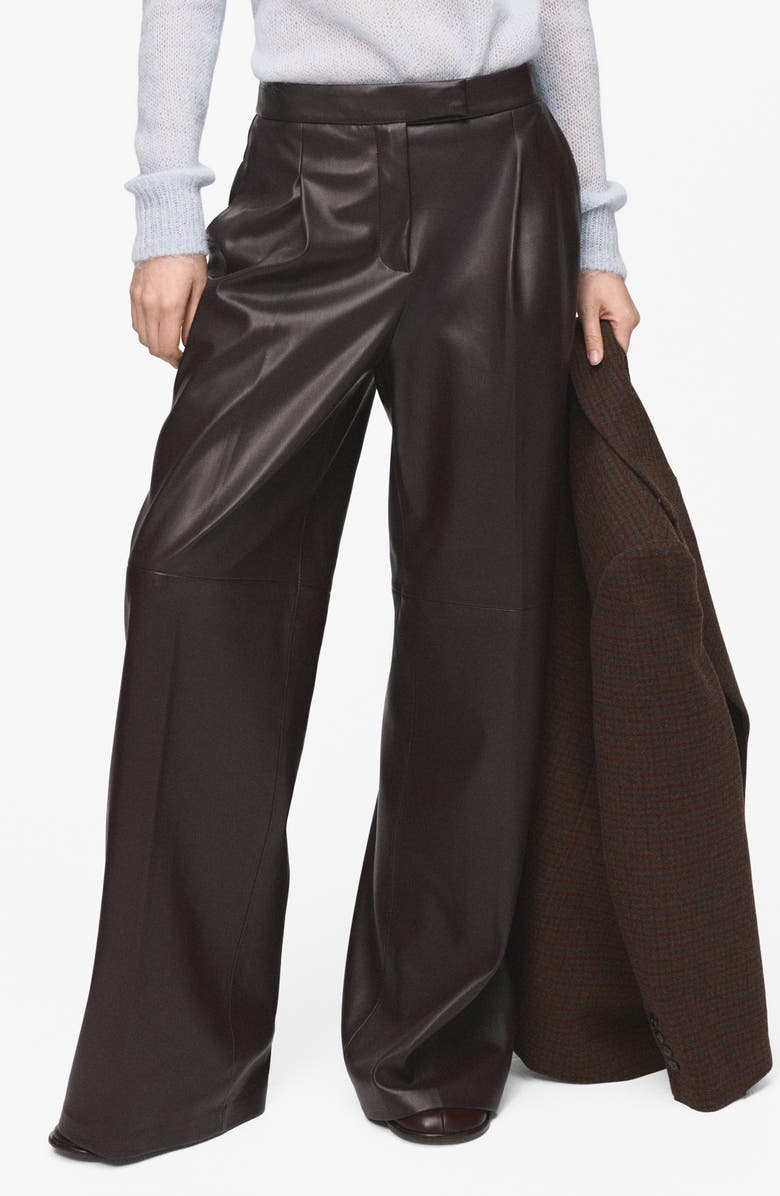 MANGO Riga Faux Leather Wide Leg Pants, Main, color, Chocolate
