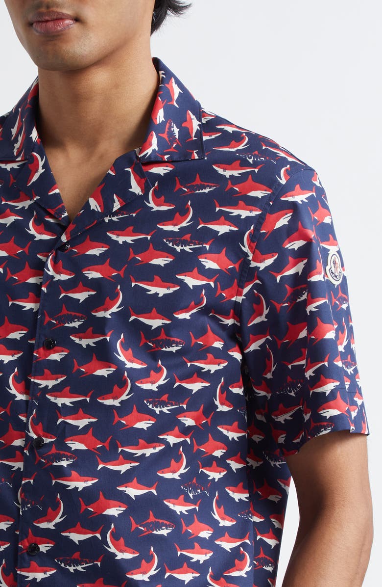 Moncler Logo Shark Cotton Camp Shirt, Alternate, color, Blue