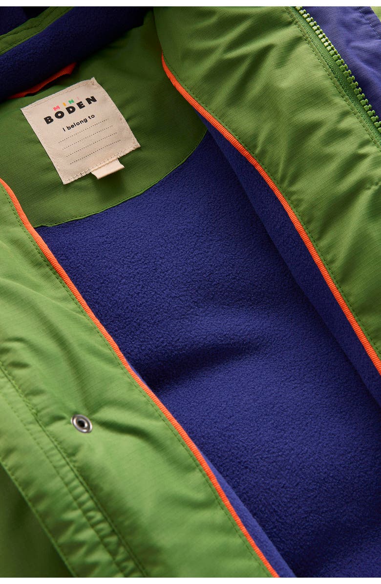 Mini Boden Kids' Fleece Lined Faux Fur Hooded Puffer Coat, Alternate, color, Color Block Green