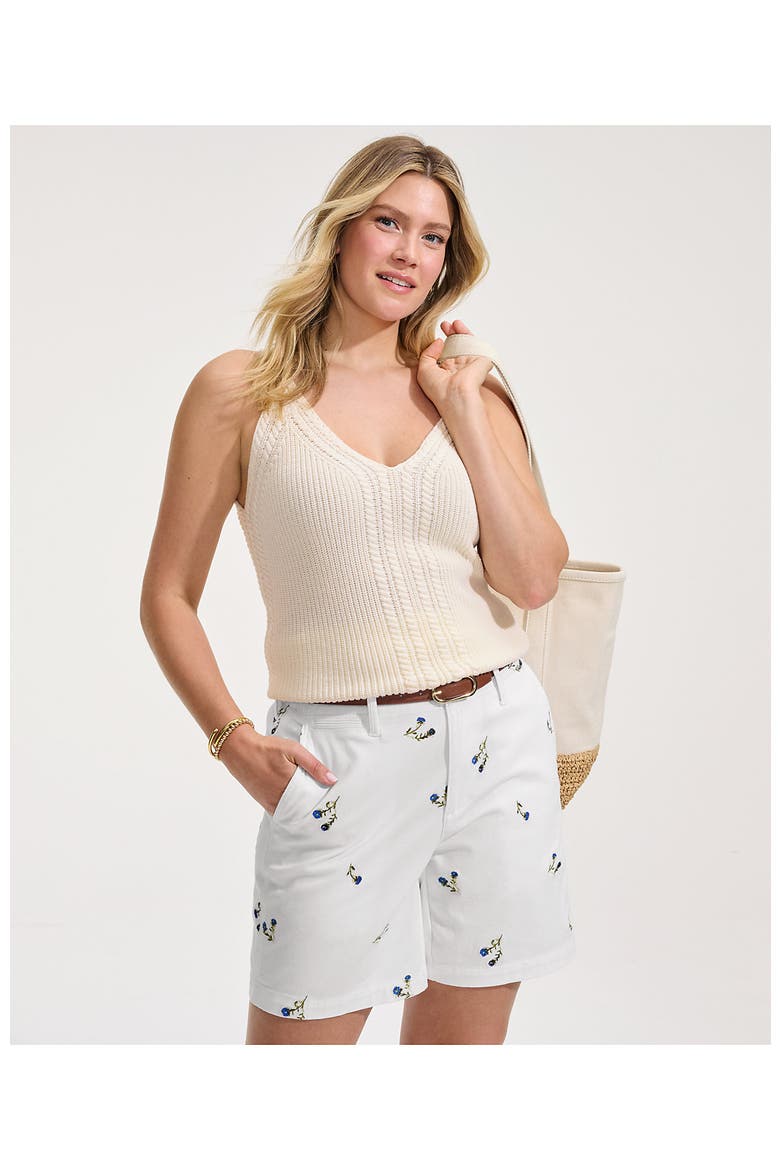 Plus Size Elastic Back Classic 7" Chino Shorts, Alternate, color, White/Blue Floral Embroidery