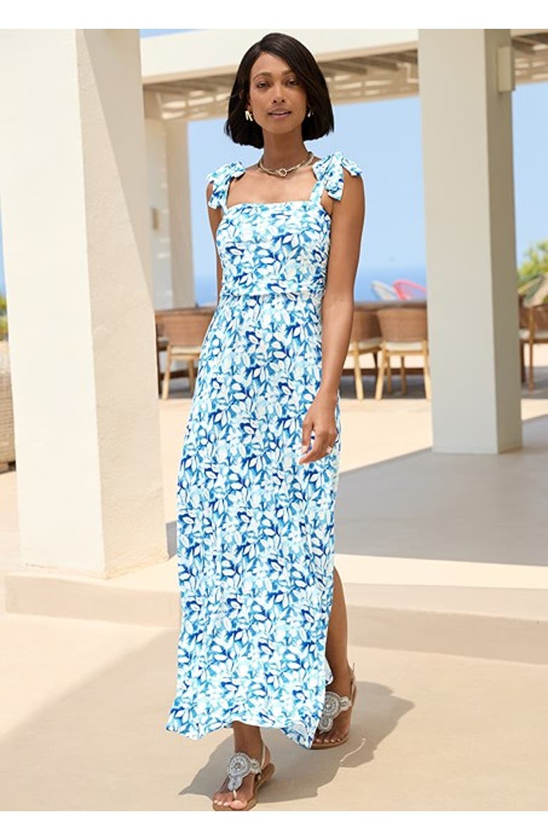 LASCANA Women's Tie Strap Maxi Dress, Alternate, color, Blue Multi