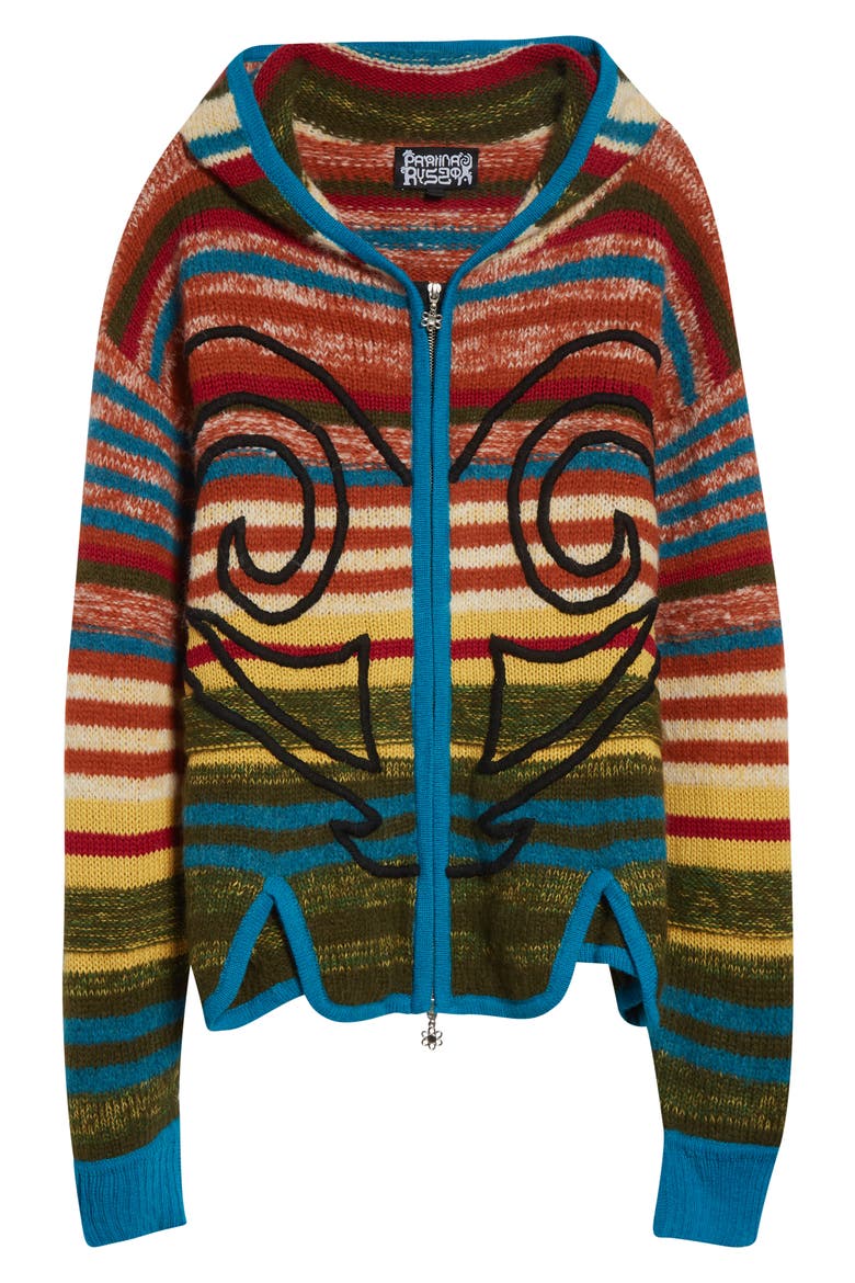 Stripe Hooded Alpaca & Merino Wool Blend Fulll Zip Sweater, Alternate, color, RAINBOW