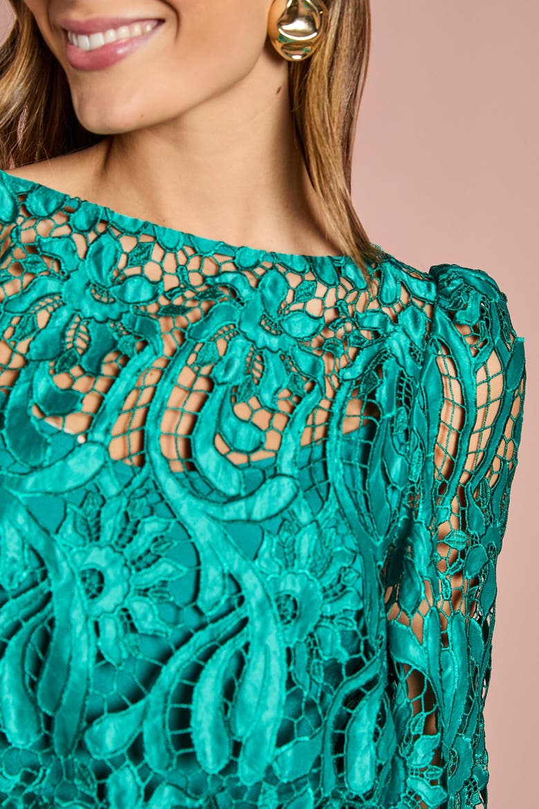 Satin Lace Boat Neck Midi Dress, Alternate, color, Emerald