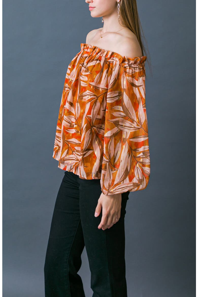 Print Off the Shoulder Top, Alternate, color, ORANGE BROWN